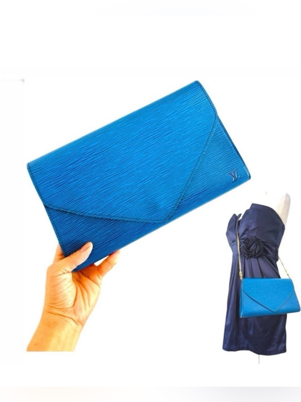 Authentic LOUIS VUITTON Epi Art Deco Second Womens Clutch Bag Vintage Blue Black